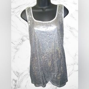 "Bongo" Women's Shimmery Silver Sequin Front Stretchy Casual Racerback Tank Top